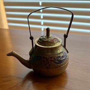 Vintage Brass Teapot with Multicolor Enamel Design